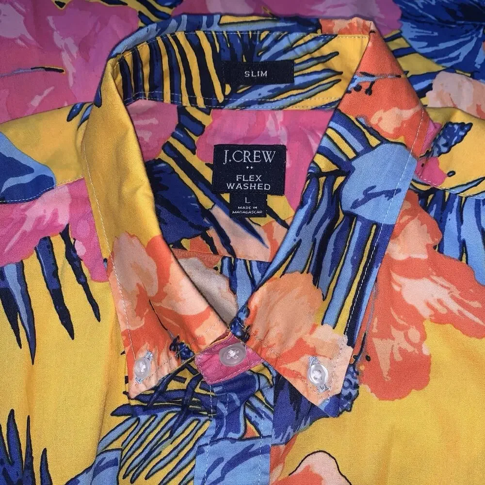 J Crew Slim Flex Washed short sleeve Hawaiian Floral button shirt Mens sz Large